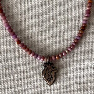 Beaded Phosphosiderite Gemstone Necklace with Anatomical Heart Charm